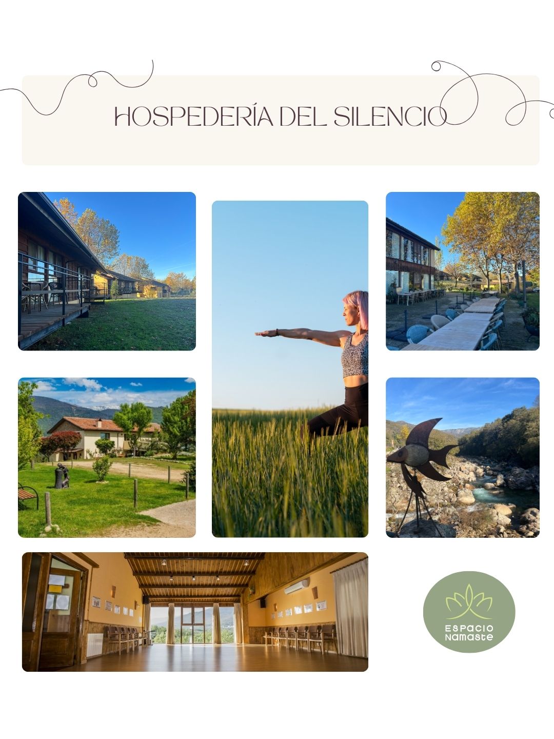 EL LUGAR: HOSPEDERÍA DEL SILENCIO Un entorno rodeado de naturaleza pura, calma real y luz. Habitaciones de madera acogedoras, salas amplias, jardines, caminos y rincones tranquilos donde soltar, descansar y conectar contigo desde otro lugar.